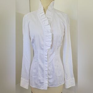BANANA REPUBLIC Size 2 White Ruffled Collar Long Sleeve Stretch Blouse